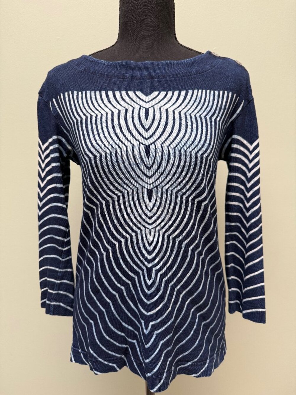 Marc by Marc Jacobs Navy Graphic Op Art Boatneck 3/4 Sleeve Top Size XS